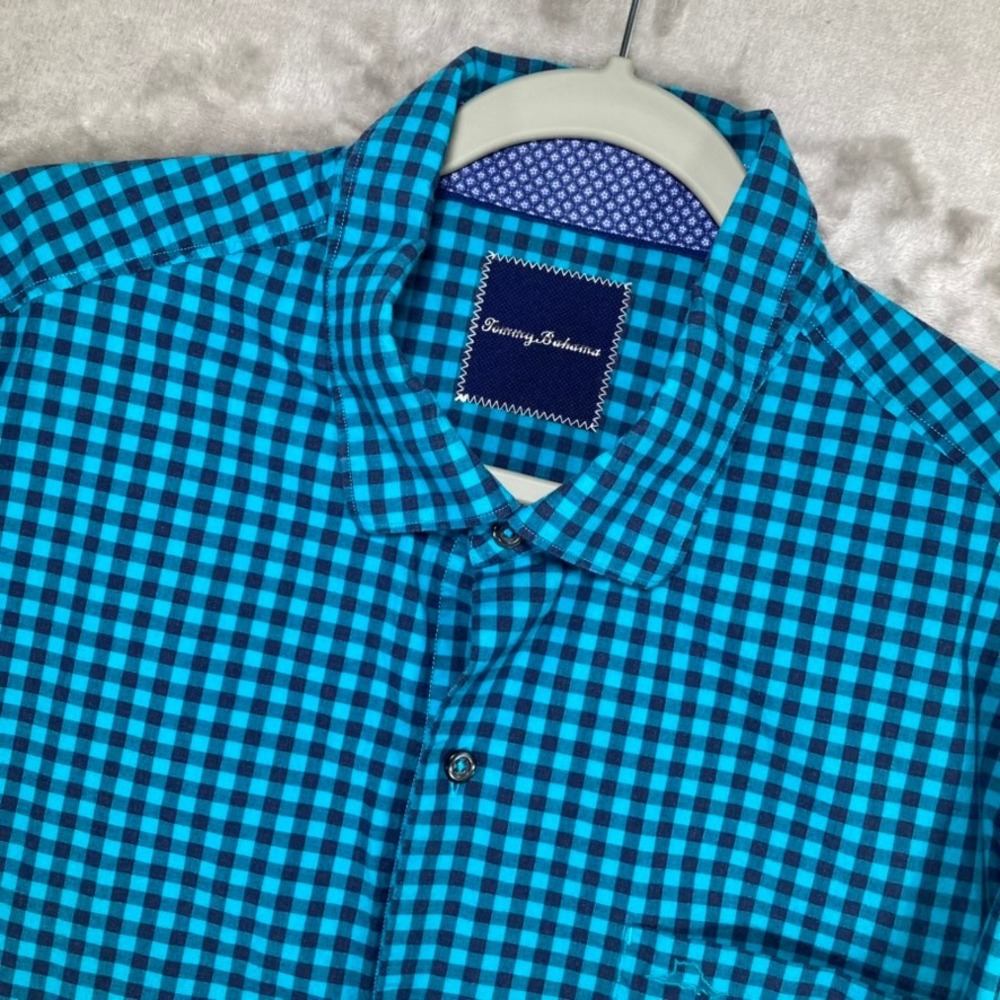 Tommy Bahama Mens L Turquoise Navy Gingham Long Sleeve Button Down Shirt T317442